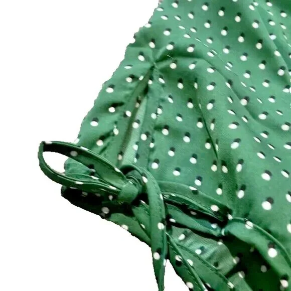 Who What Wear Sz M Shadow Green Polka Dot Tie Sleeve Button Peplum Womens Blouse - Picture 6 of 7